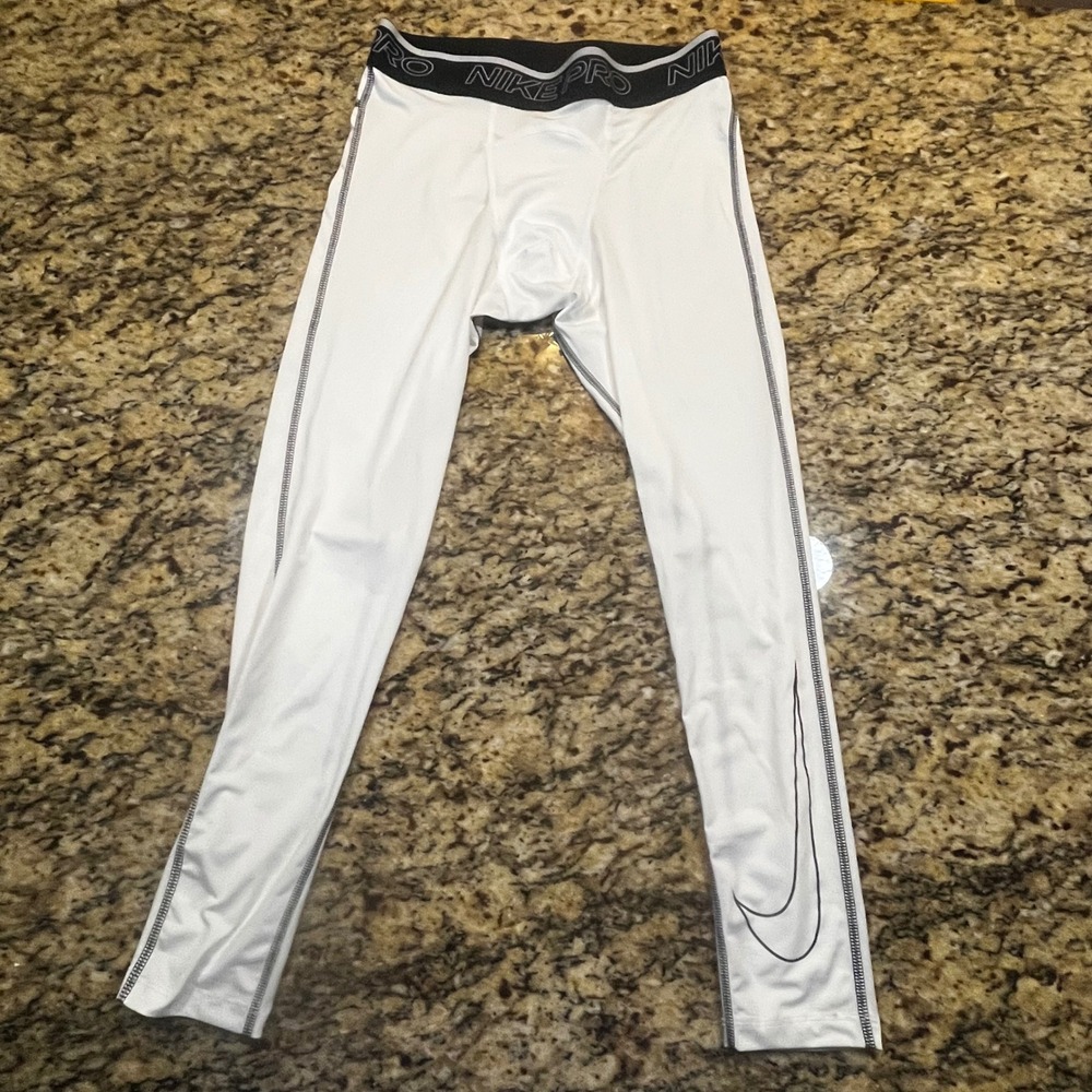 Nike Pro Dri-FIT Mens Compression White Black Swoosh Leggings Medium Tall